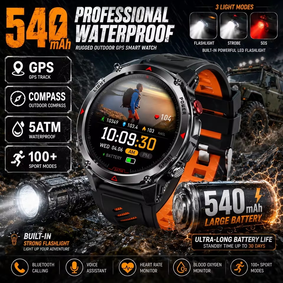 Smartwatch Watches Gift For Men - Relógio Inteligente Militar 540mAh com GPS,